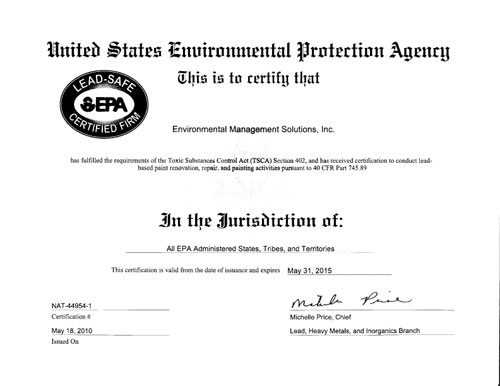 EPA RRP Firm Certification | Environmental Management Solutions, Inc. | EMS | Chino, CA